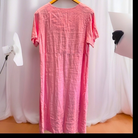 FOCUS PINK linen V-Neck long DRESS Pearl Buttons Gauzy Beach Lagenlook USA made - Picture 2 of 16